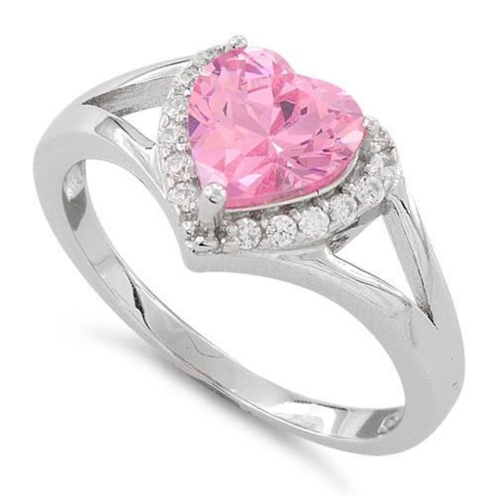 Heart Shape Pink Sapphire CZ Sterling Silver Ring Womens Size 13